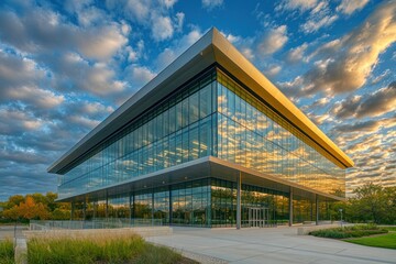 Obraz premium Modern Glass Building with Striking Reflections