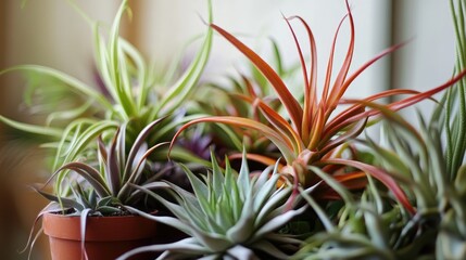 Botanical composition of air plants and succulents in stylish pots on a wooden table showcasing modern home garden interior design elements