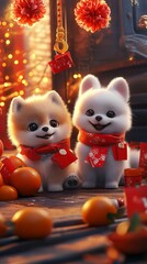 Fototapeta premium Adorable Pomeranian Puppies in Festive Chinese New Year Setting