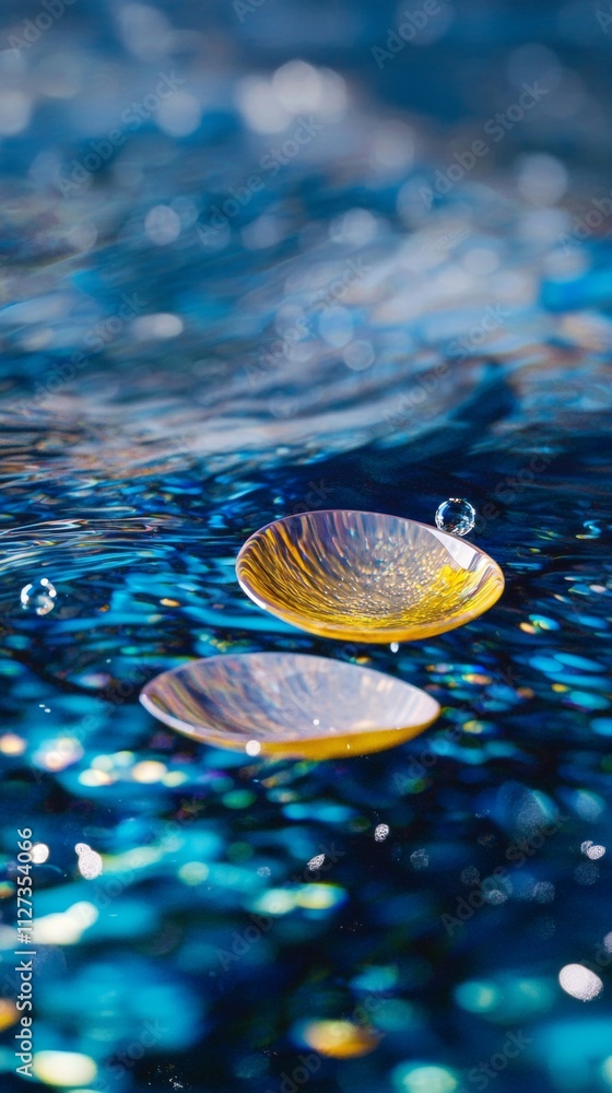 Poster two contact lenses are gently floating on the surface of vibrant blue water, creating a mesmerizing 