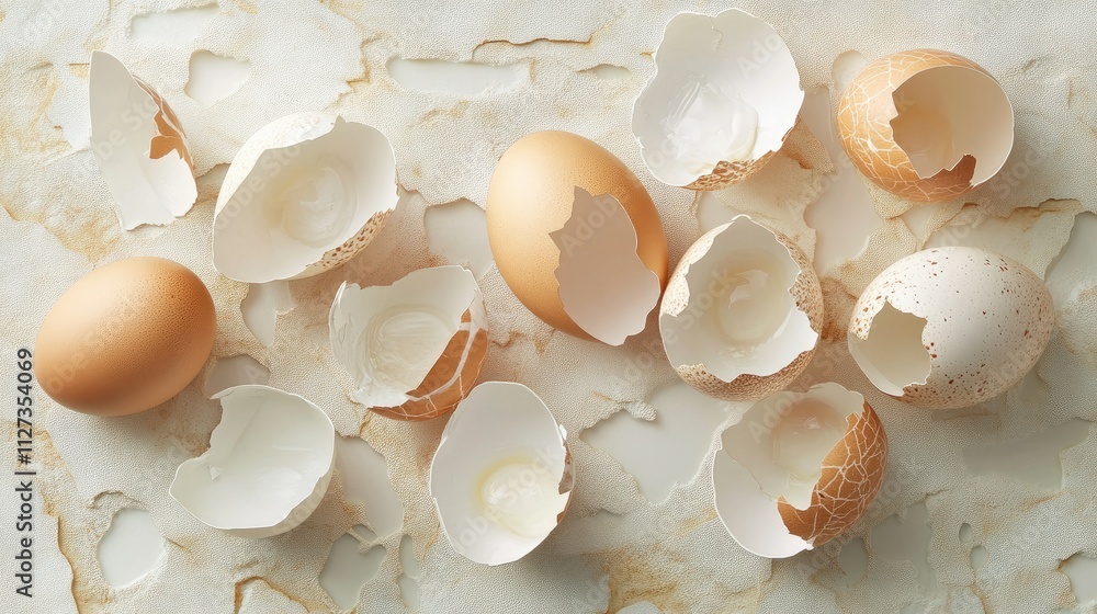 Aufkleber broken eggshells on a marble surface with whole eggs showcasing texture and color contrast in a culi