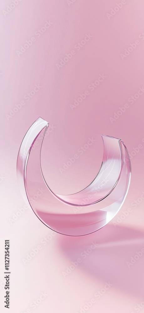 Poster minimalist composition featuring a transparent glass crescent shape floating on a smooth pink backgr