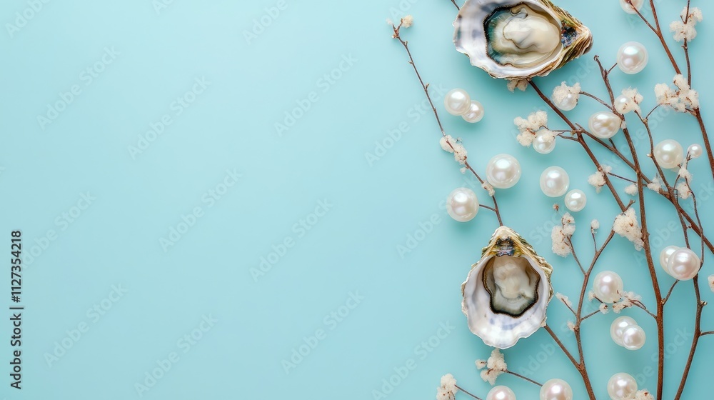 Poster natural pearls and oyster shells on blue background with delicate branches creating an elegant and s