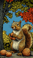 Adorable squirrel holding nuts in autumnal setting.