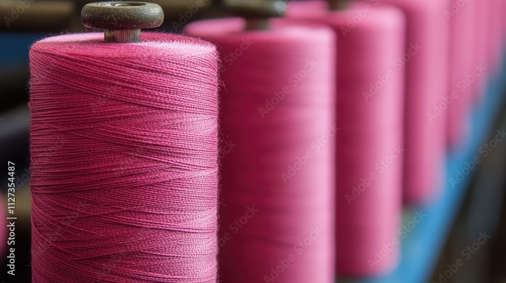 Poster colorful pink and red thread spools arranged in a row showcasing vibrant textile materials for sewin