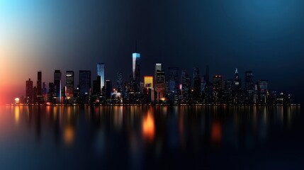 Naklejka premium A city skyline is reflected in the water at night