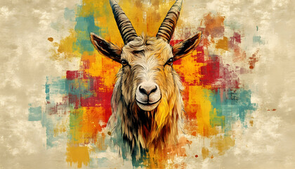 Artistic portrait of a smiling goat against a colorful abstract background.
