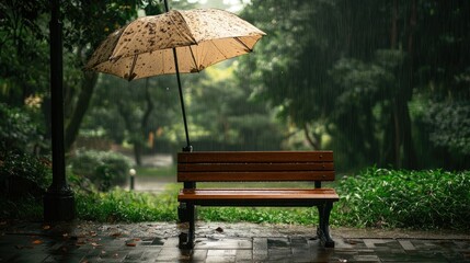 Naklejka premium Umbrella over a wooden bench in a serene park setting amidst rainfall surrounded by lush greenery