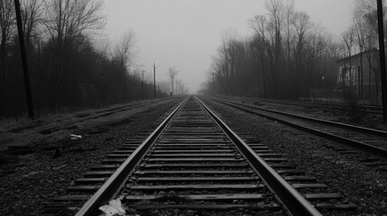 Fototapeta premium Misty Perspective of Parallel Railroad Tracks in a Black and White Landscape Scene