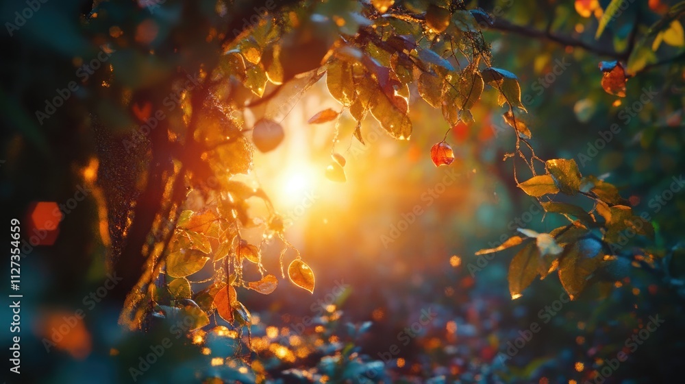 Aufkleber autumn sunlight filtering through lush foliage creating a serene and poetic atmosphere in a forest s