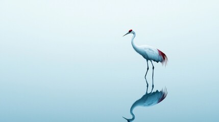 Obraz premium Red-crowned crane wading in shallow water with reflection showing and a minimalist blue background creating a serene and peaceful atmosphere