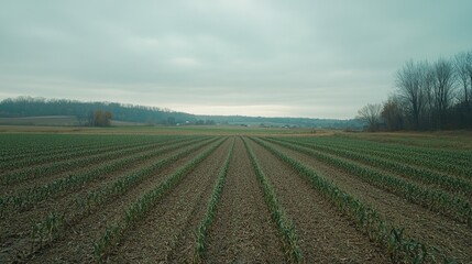 Expansive cornfield with rows of seedlings under a cloudy sky highlighting agricultural themes and the onset of spring season.