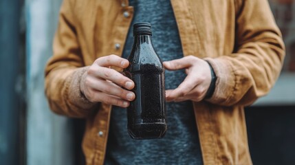 Casual man in brown jacket holding a classic black soda bottle in hands outdoors with a blurred background