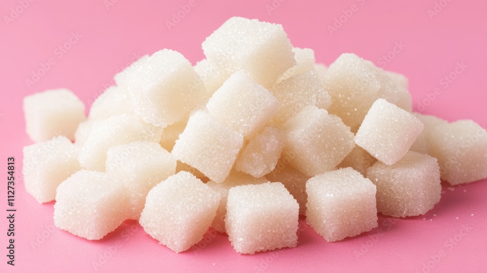 Poster sugar cubes stacked in a heap against a soft pink background emphasizing sweetness and culinary them