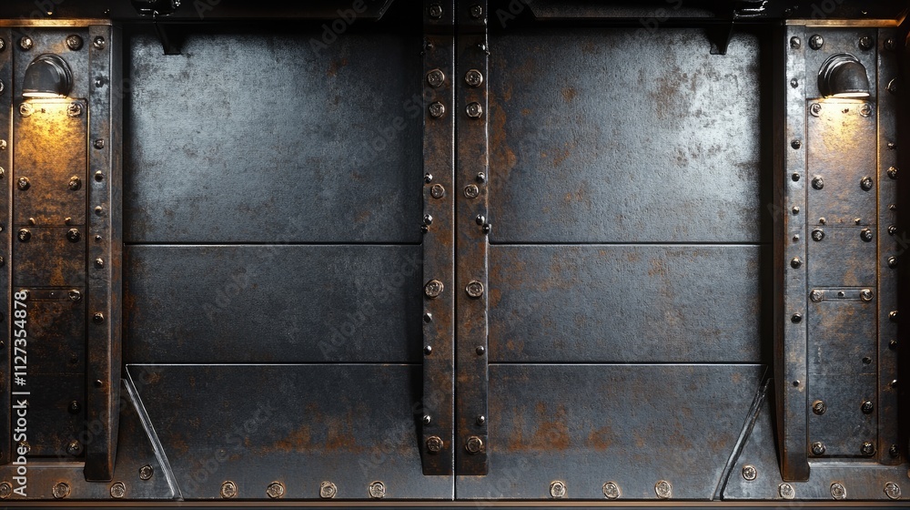 Aufkleber rusty metal wall texture with rivets and industrial lighting for background use in design projects a
