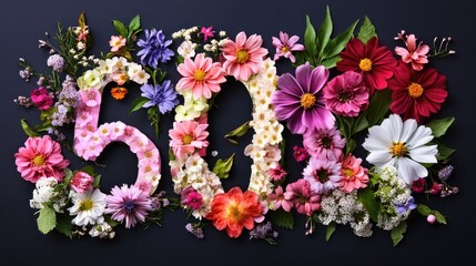 Colorful floral arrangement forming the number 501 with various cosmos flowers on dark background for vibrant design concepts.
