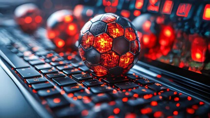 A glowing digital soccer ball on a keyboard with red illumination, symbolizing technology and sports integration - Powered by Adobe