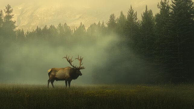 Majestic Rocky Mountain Elk Bull in Ethereal Morning Mist Surrounded by Lush Forests and Mountainous Backdrop