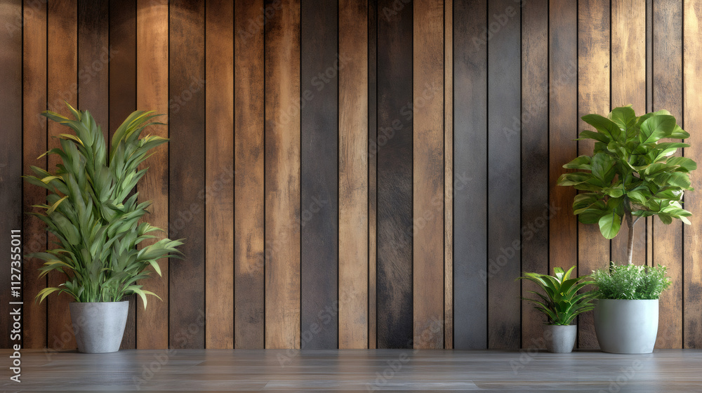 Poster Potted plants adding a touch of nature to a room with a striking wooden wall, creating a serene and inviting space