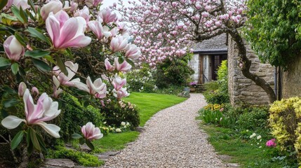 Fototapeta premium Magnolia campbellii Blossoms Along a Charming Pathway in a Picturesque Country Garden in Devon England