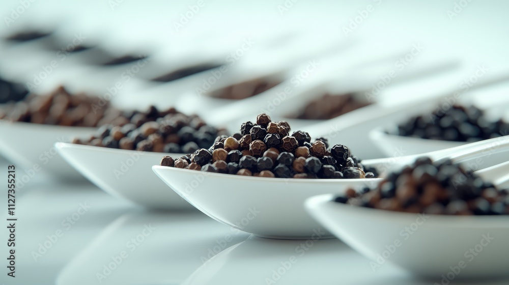 Aufkleber peppercorns in white spoons arranged aesthetically with shallow depth of field showcasing culinary s