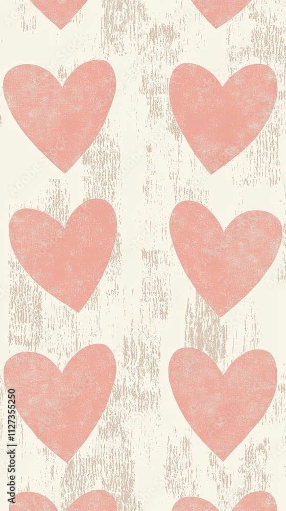 Poster seamless romantic pattern featuring pink hearts on a textured off-white background, creating a charm