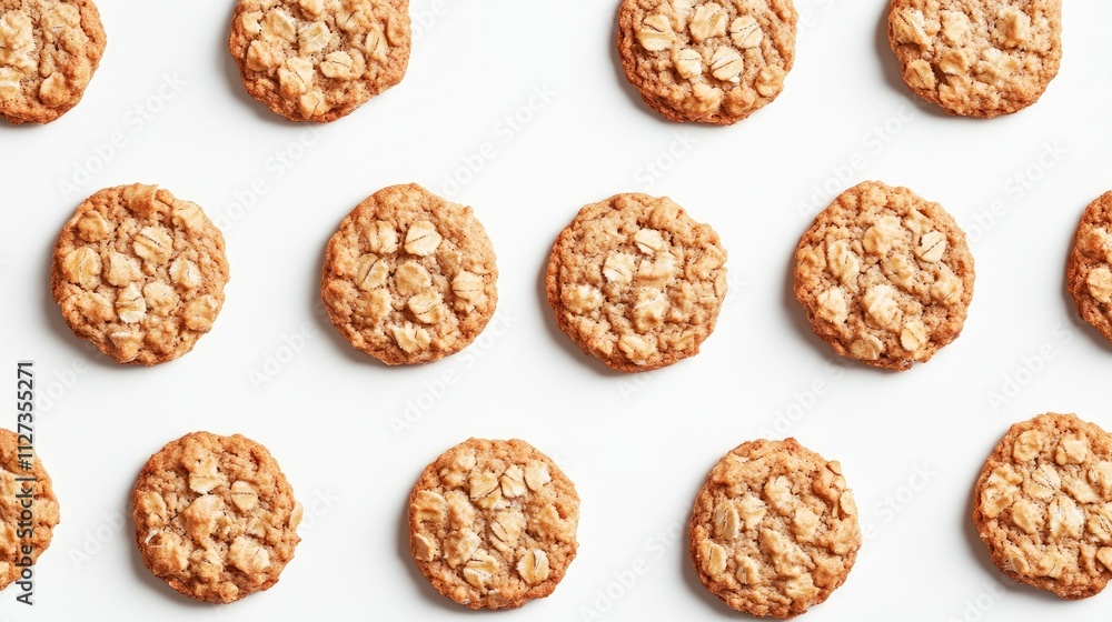 Poster oatmeal cookies arranged in a neat pattern on a bright white background showcasing their golden text