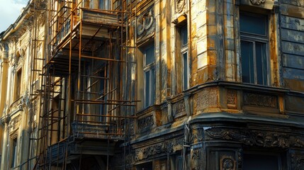 Metal scaffolding supporting the restoration of an ornate historic building in urban construction renovation industry setting