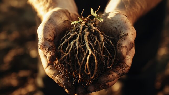 Healthy cannabis roots showcasing professional cultivation techniques with CBD presence held by a grower in soil-rich hands.
