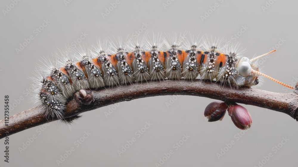 Poster macro photography of a vibrant caterpillar climbing a twig against a soft gray background showcasing