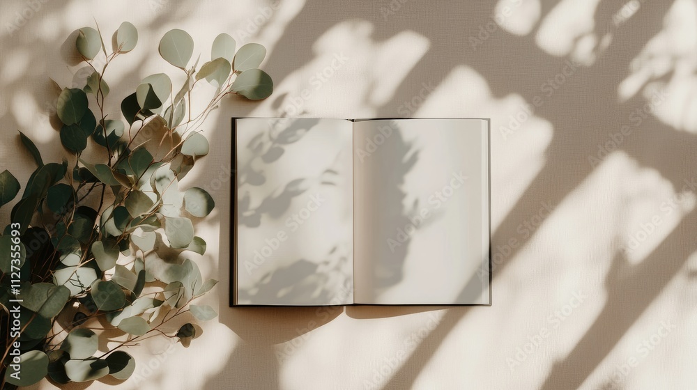 Poster eucalyptus leaves beside an open magazine mockup on a beige table with soft shadows creating an invi