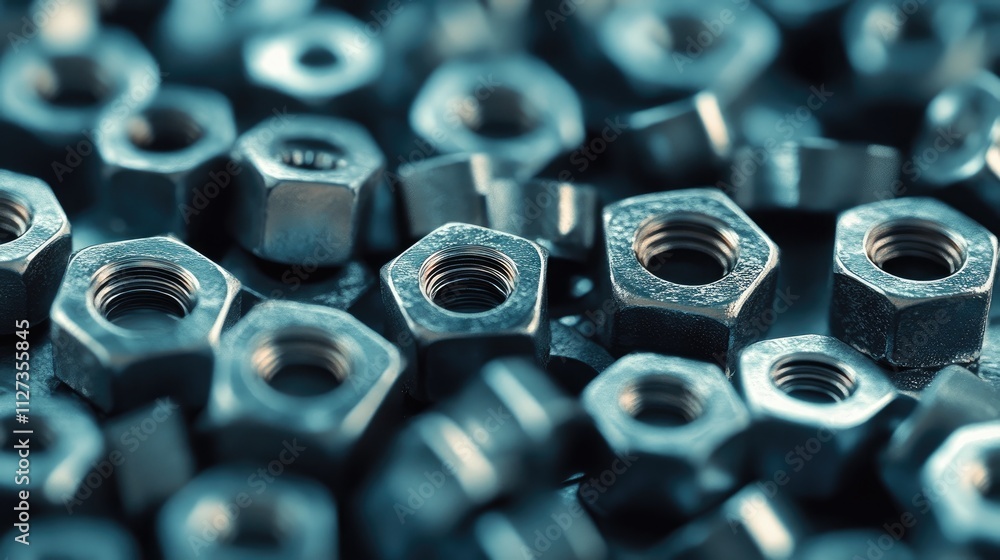 Poster close up of assorted metallic nuts showcasing texture and details in a collection of fasteners on a 