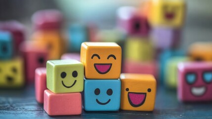 Customer Engagement Concept with Colorful Blocks Featuring Smile Faces Representing Emotional Connection Between Brand and Customer