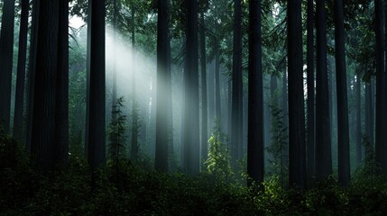 Naklejka premium A forest with trees and a bright light shining through the trees