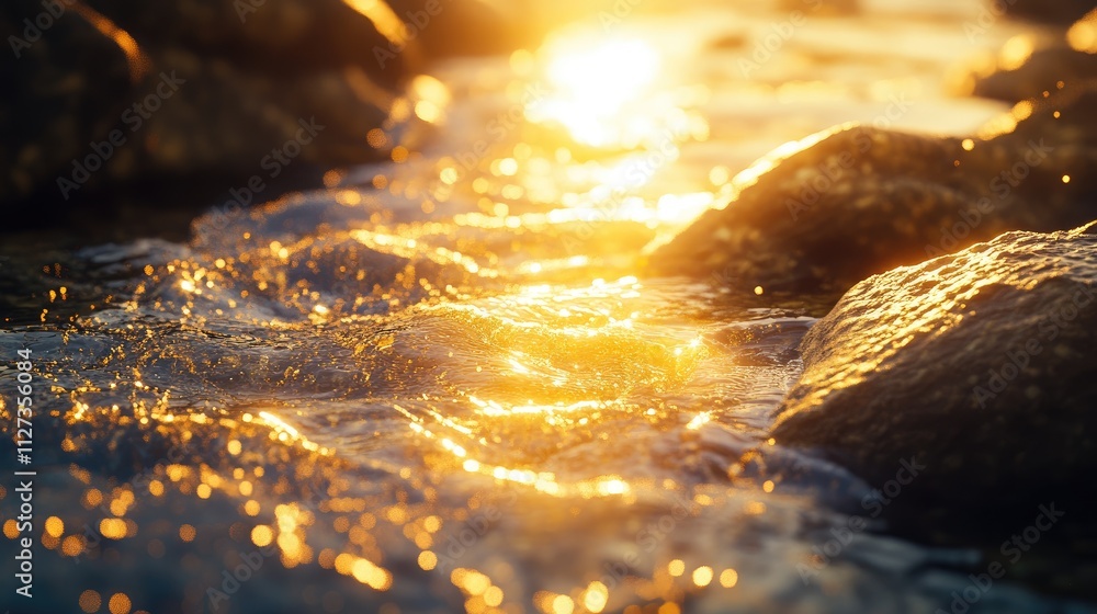 Poster macro view of a serene stream flowing over smooth rocks illuminated by warm golden hour sunlight hig