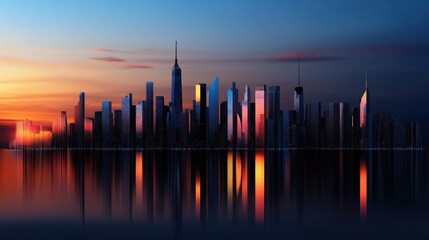 Fototapeta premium A city skyline is reflected in the water at sunset