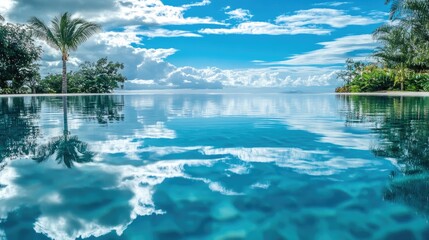 Obraz premium Serene pool landscape with mirrored reflections of clouds and trees on calm water under a vibrant blue sky