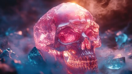 Glowing pink crystal skull amidst smoky blue and pink crystals.