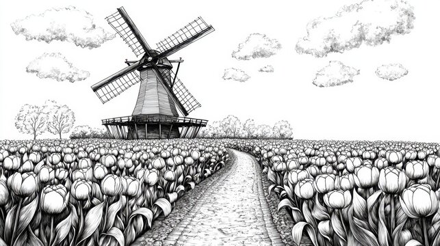 A windmill is in the middle of a field of flowers