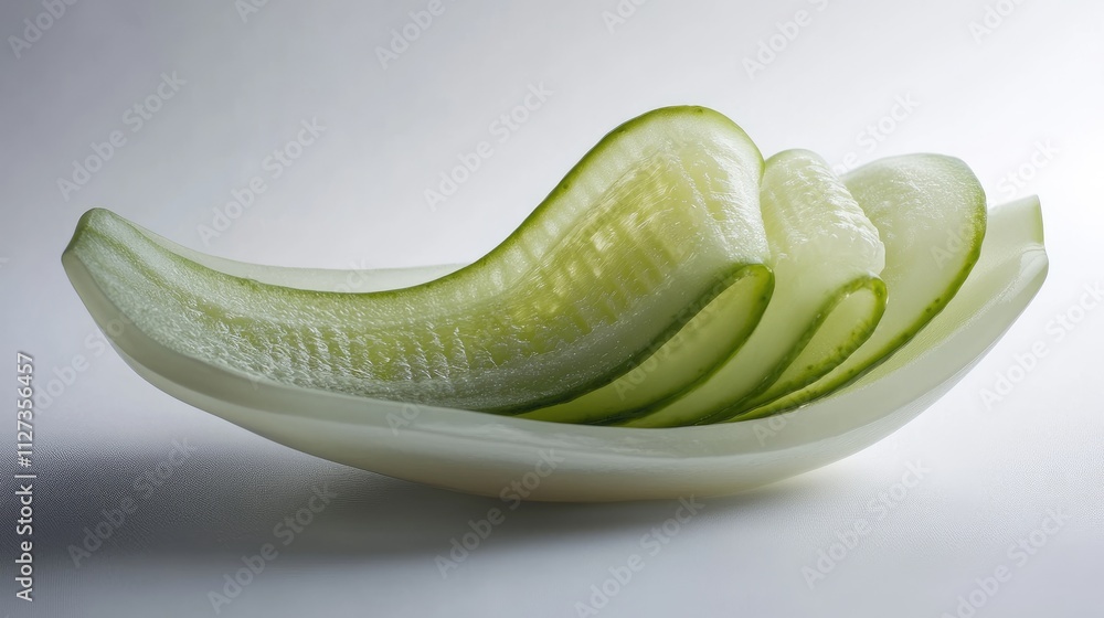 Poster Freshly sliced cucumber elegantly arranged on a white plate showcasing its crisp texture and vibrant green color against a minimal backdrop.