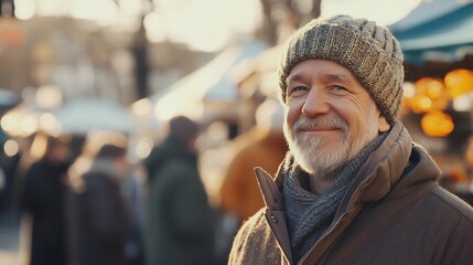 Serene Elderly Gentleman Strolling Through a Vibrant Vintage Market in the Soft Morning Light