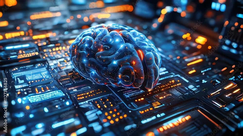 Poster a glowing digital 3d brain model displayed over a futuristic circuit board background, symbolizing a