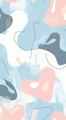 Fototapeta premium Abstract background featuring calming pastel pink, blue, and white colors with irregular organic shapes and delicate lines, creating fluidity and elegance