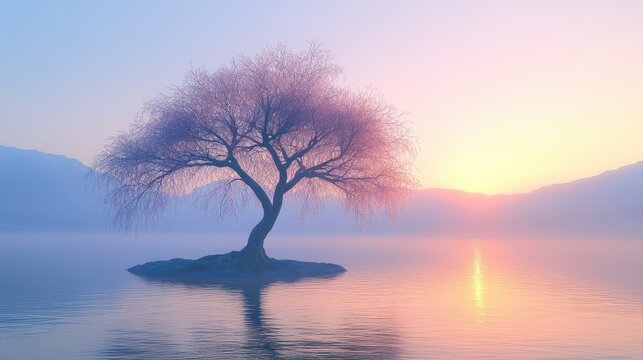 Lone crack willow tree (Salix Ã fragilis) in Lake Wanaka at sunrise; Wanaka, South Island, New Zealand