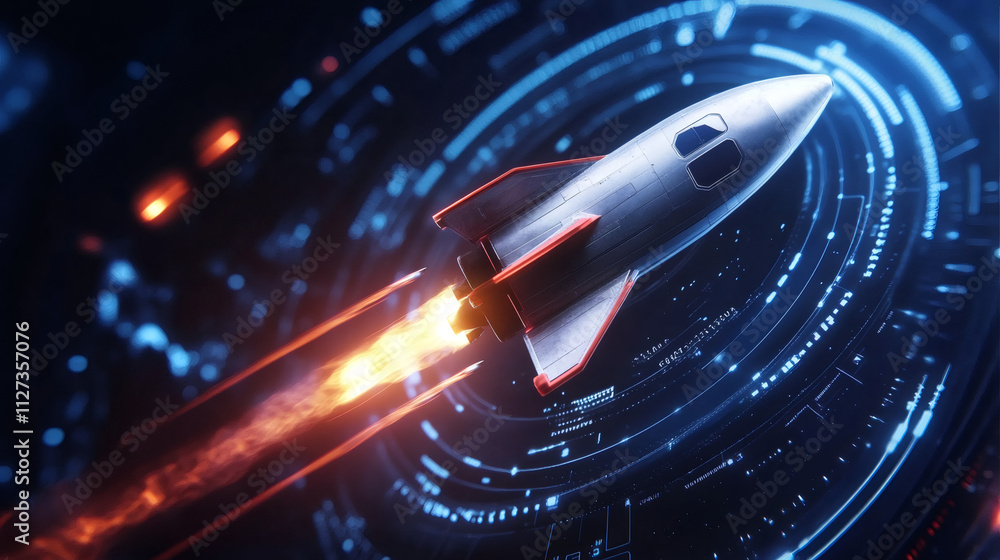 Poster Futuristic spaceship is launching and flying through digital interface with data stream, concept of fast internet or space travel