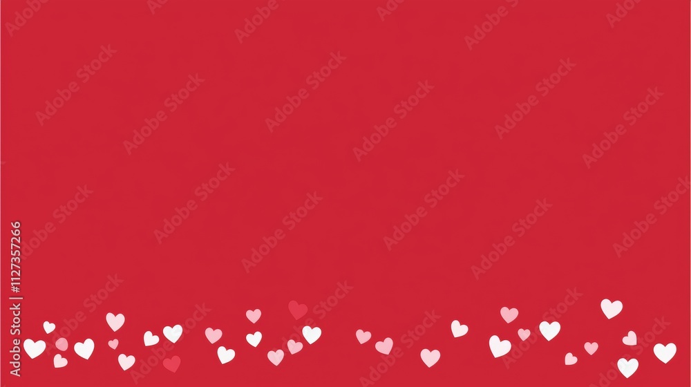 Poster white and pink hearts float gently against a vibrant red backdrop, creating a romantic and charming 