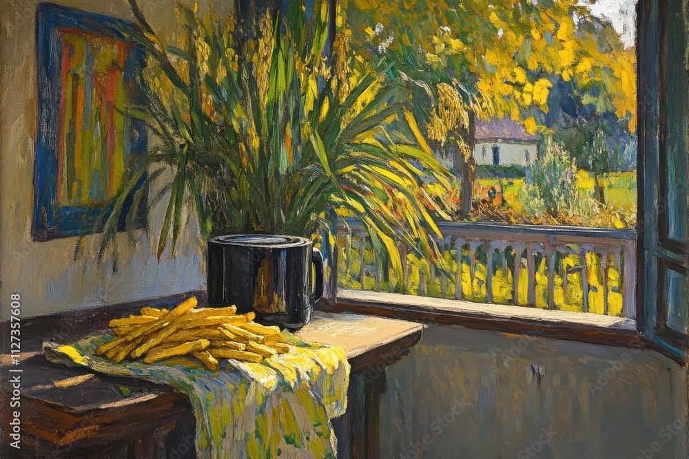 Aufkleber serene still life composition by open window with vibrant nature and sunlight, capturing the essence