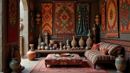 Fototapeta premium A vibrant collection of traditional pottery, decorative plates, and artifacts arranged against a red textured wall, showcasing cultural heritage. Generative, AI