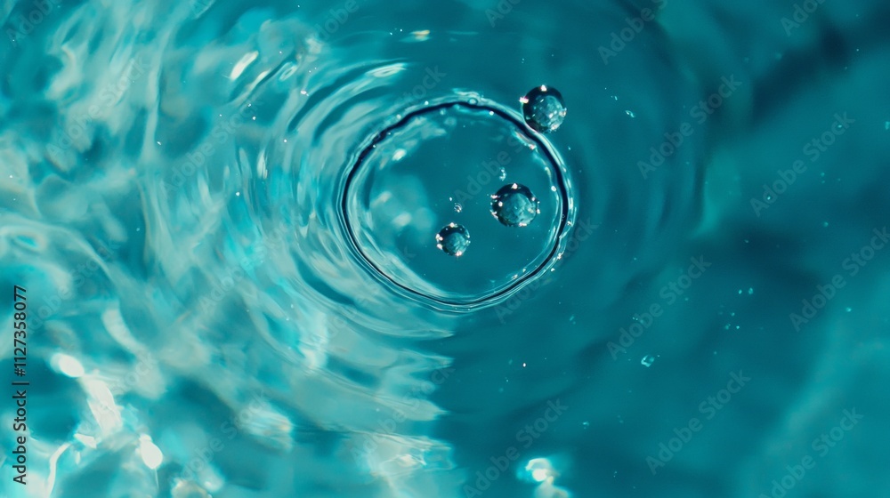 Poster concentric ripples expanding across a vibrant turquoise water surface, with small droplets creating 