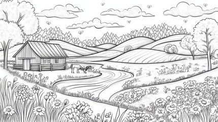 Fototapeta premium Peaceful Countryside Sketch: A charming black and white illustration of a serene rural landscape, featuring a quaint barn, rolling hills, a meandering stream, and blooming wildflowers.